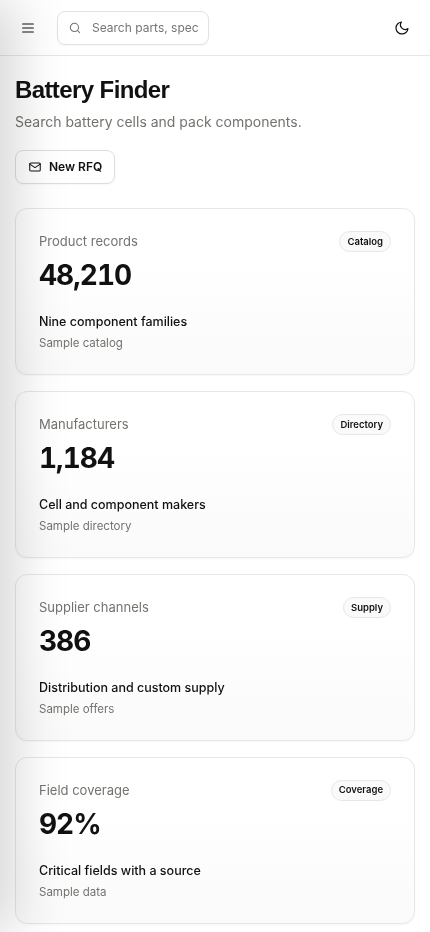 Battery Finder mobile application overview showing catalog metrics and component search.