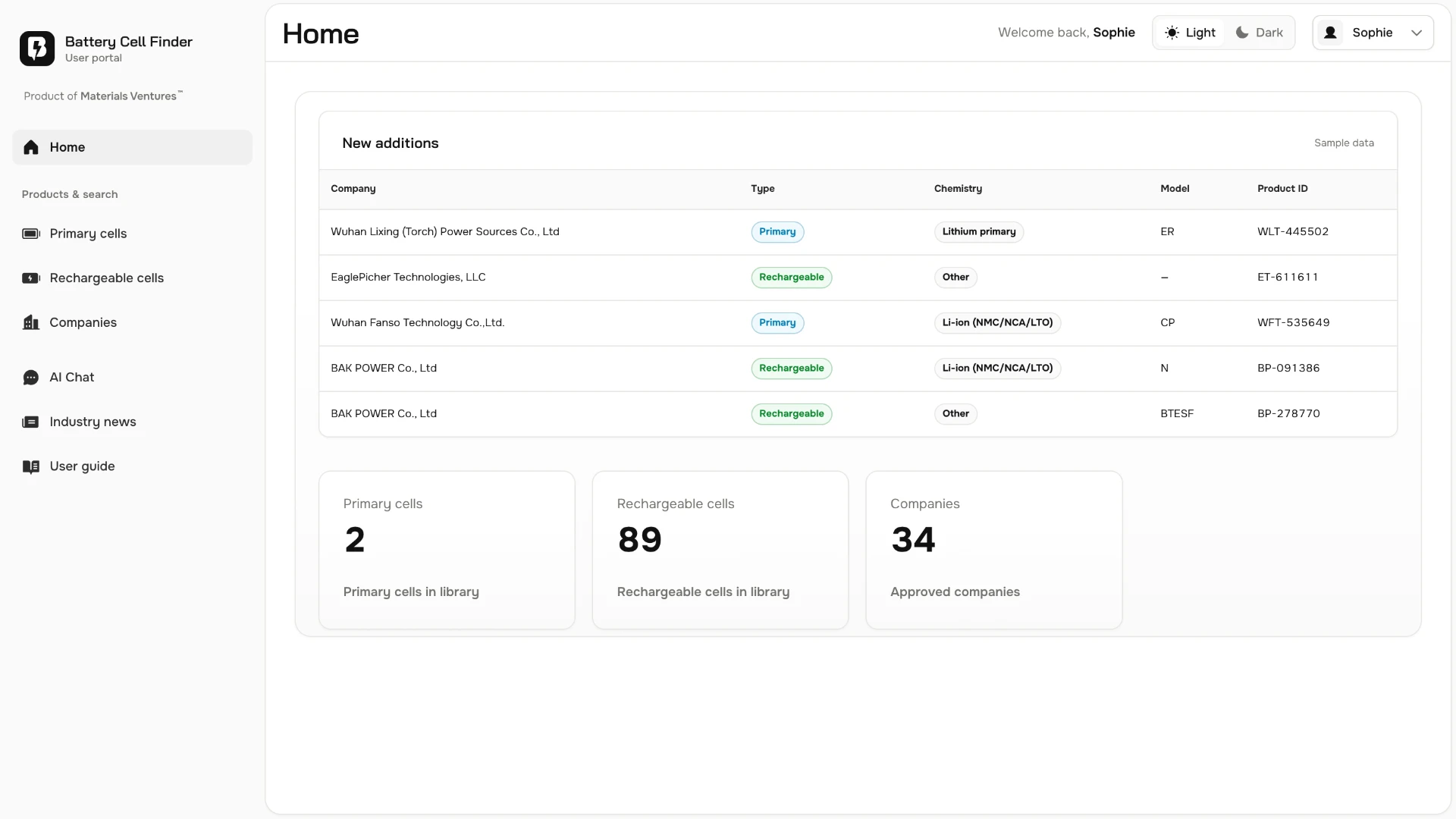 Battery Finder application overview showing component search, catalog metrics, and component families.